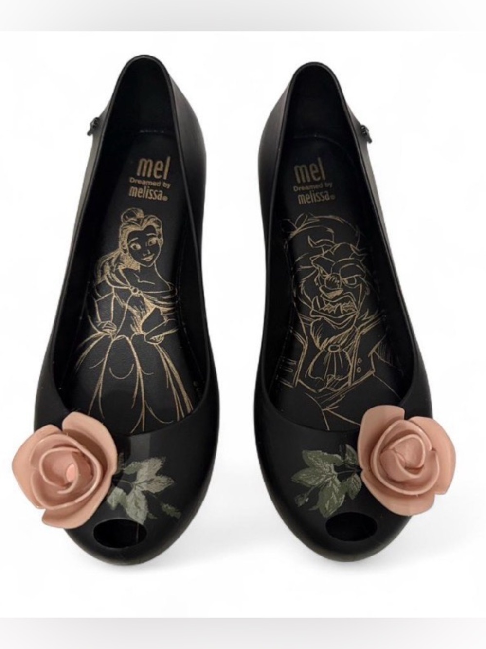 Melissa Black beauty and beast Jelly Flats with Blush Rose Accent